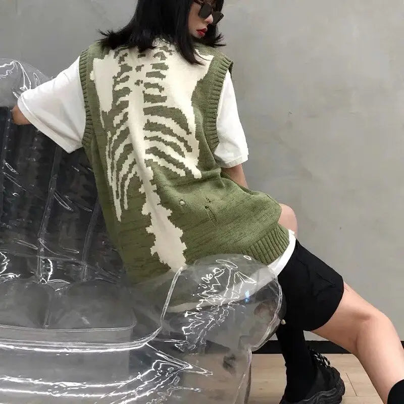 Y2k green sweater with skeleton pattern - choice of sleeves