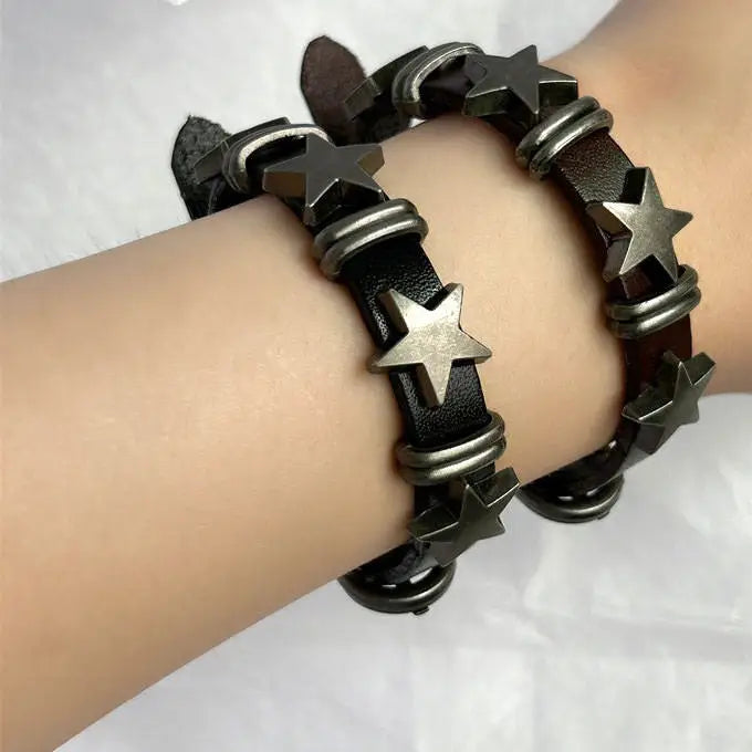 Grunge aesthetic star leather bracelet for a cool rock vibe - bracelet