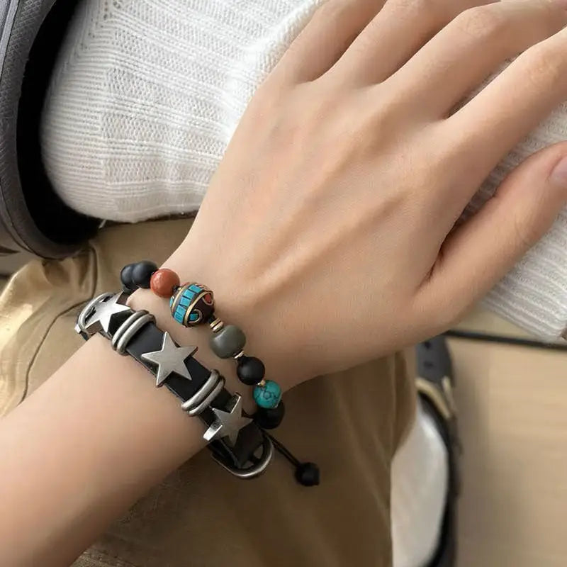 Grunge aesthetic star leather bracelet for a cool rock vibe - bracelet
