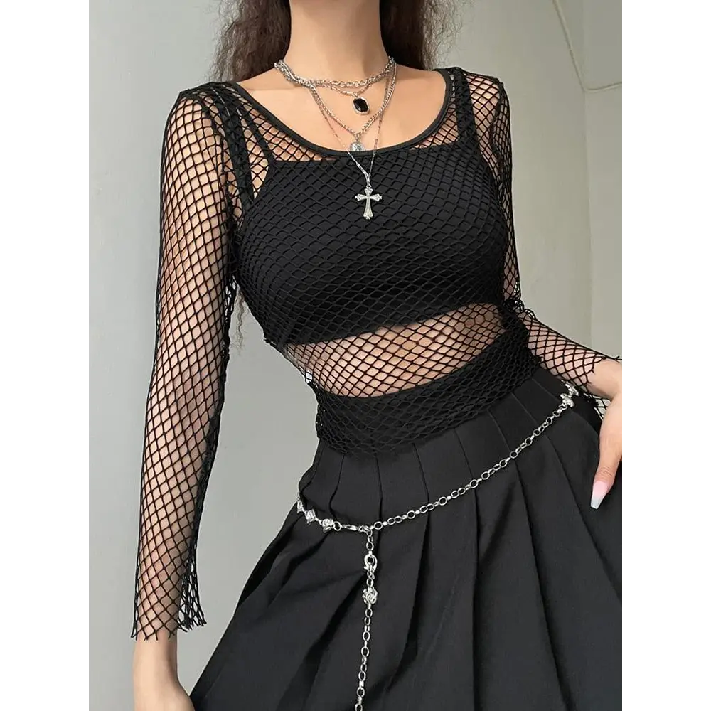 Black sheer knit top with scoop neck for grunge aesthetic