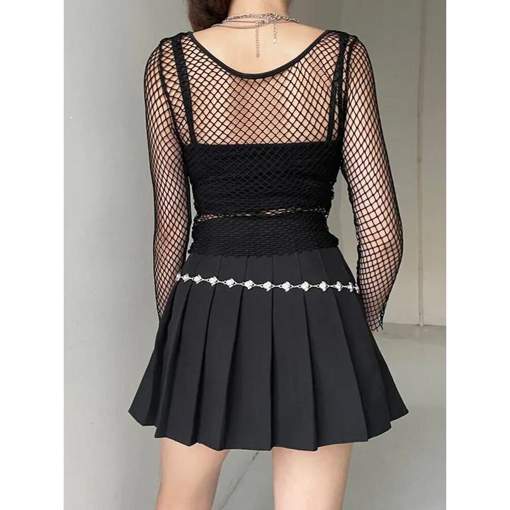 Black sheer knit top with scoop neck for grunge aesthetic