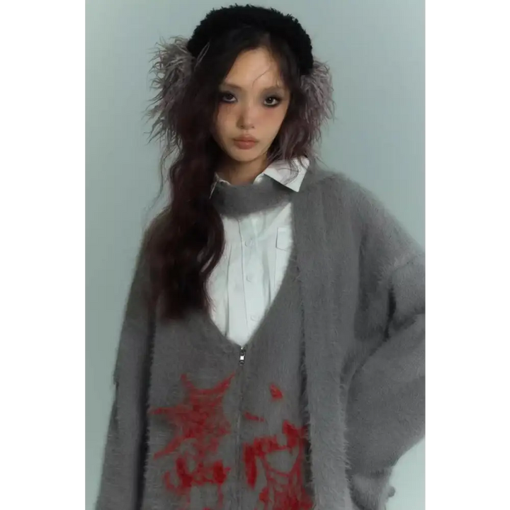 Fluffy cardigan with soft touch knit and red print details