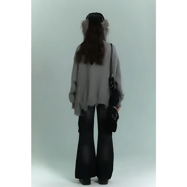 Fluffy cardigan with soft touch knit and red print details