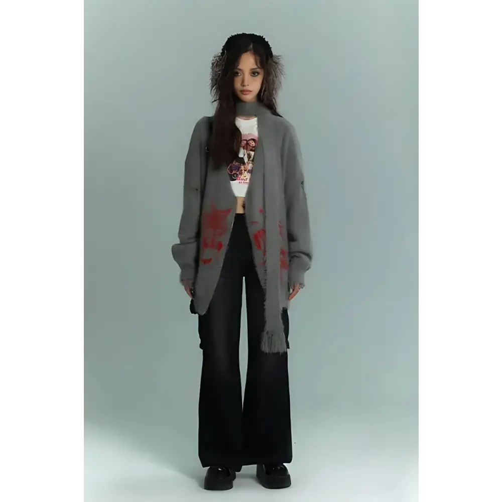 Fluffy cardigan with soft touch knit and red print details