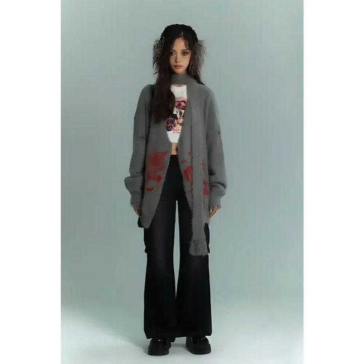 Fluffy cardigan with soft touch knit and red print details