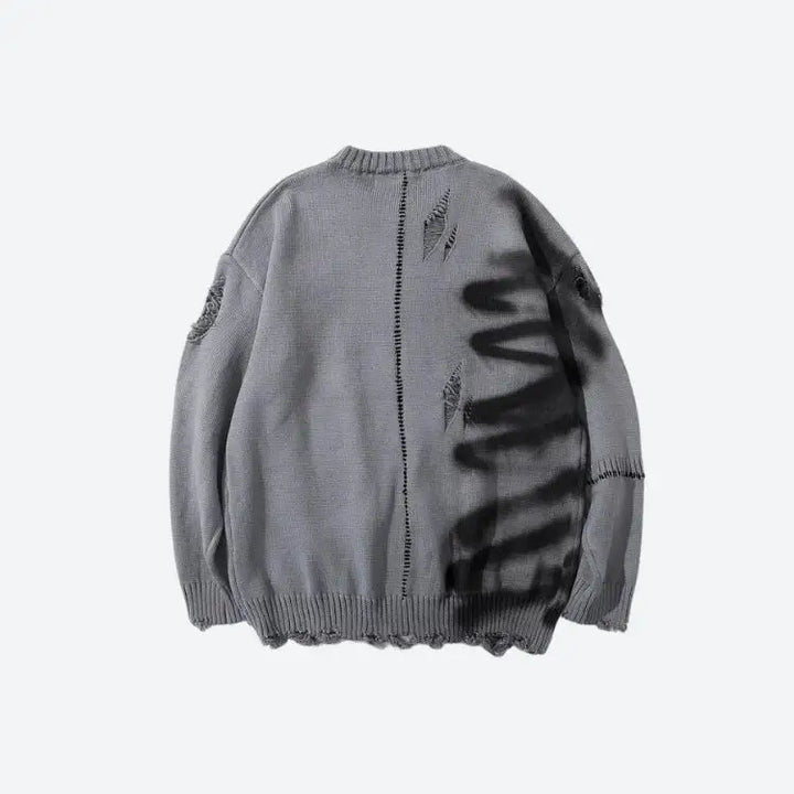Unisex knitted sweater with spray paint and contrast sewing details