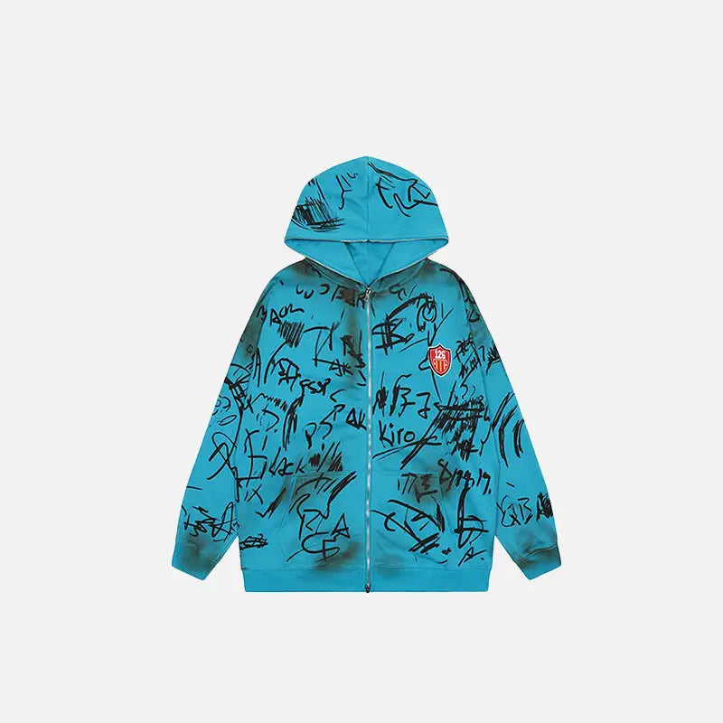 Hand-drawn y2k full zip hoodie for unique streetwear style - blue / m - hoodies