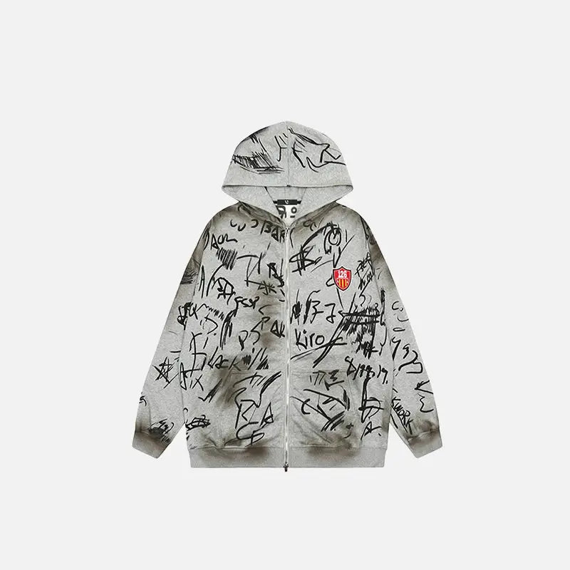 Hand-drawn y2k full zip hoodie for unique streetwear style - gray / m - hoodies