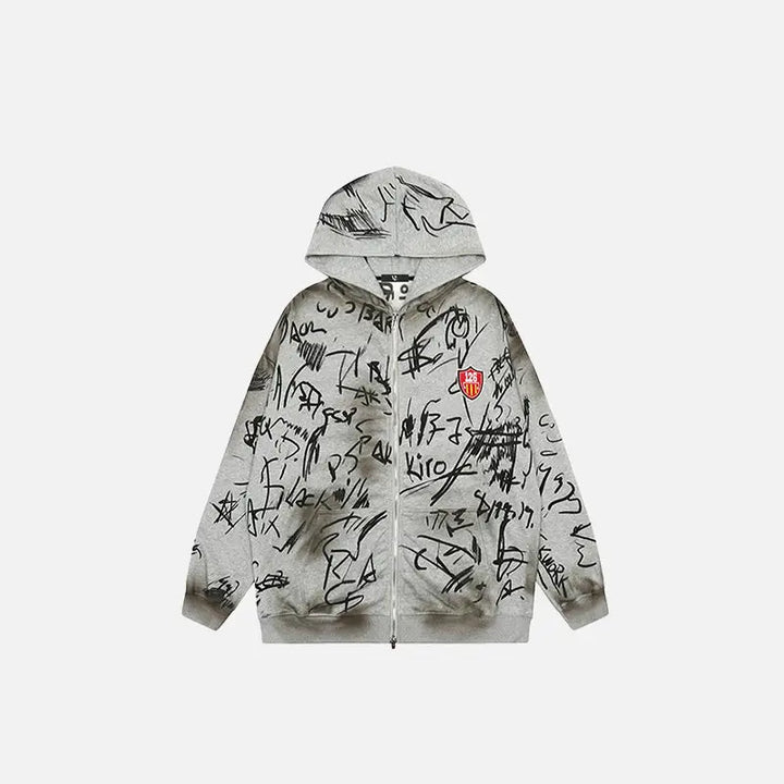 Hand-drawn y2k full zip hoodie for unique streetwear style - gray / m - hoodies