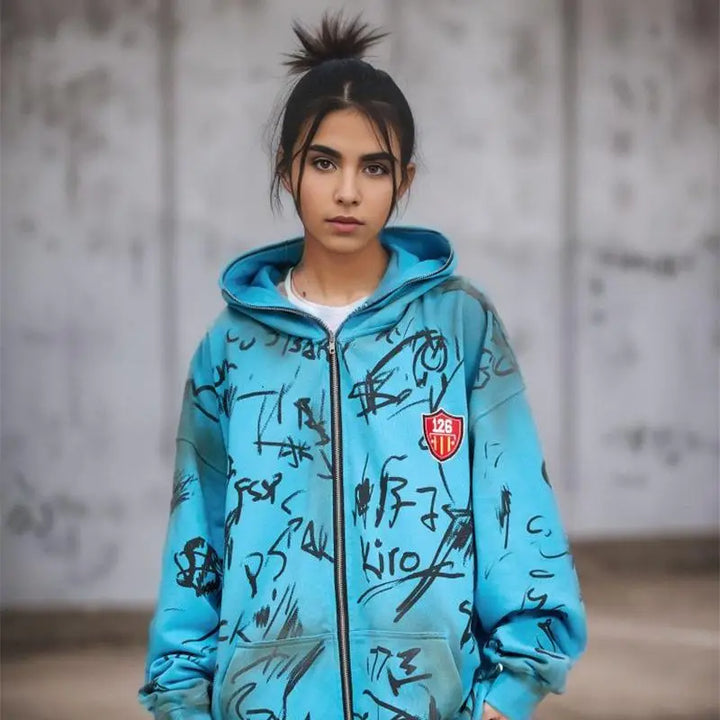 Hand-drawn y2k full zip hoodie for unique streetwear style - hoodies