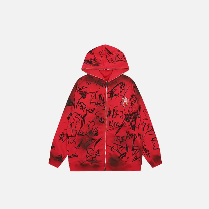 Hand-drawn y2k full zip hoodie for unique streetwear style - red / m - hoodies