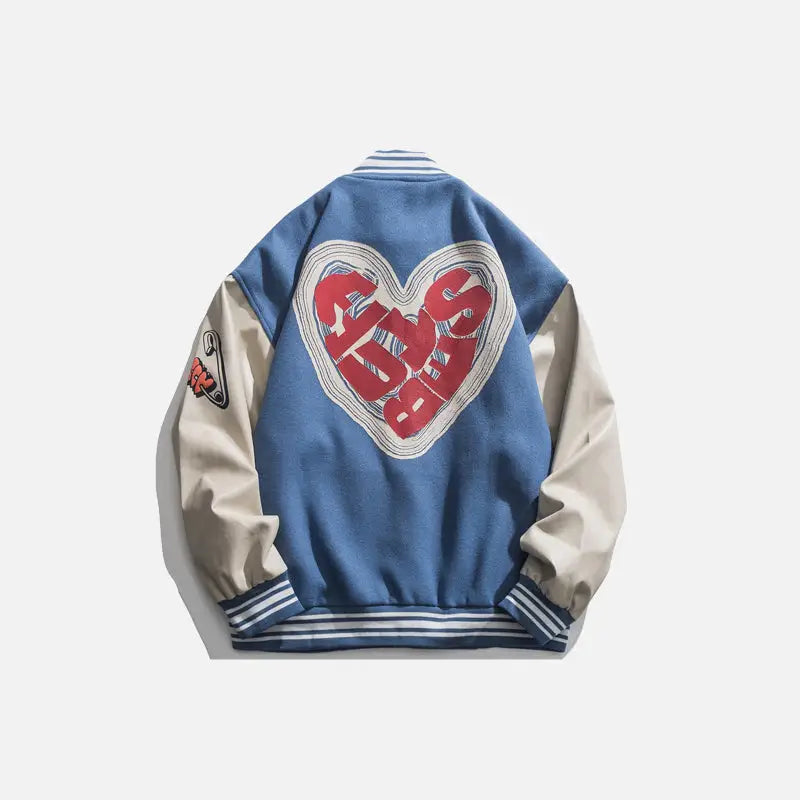 Y2k varsity jacket with heart-shaped letter print - blue / s - varsity jackets