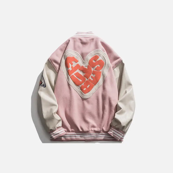 Y2k varsity jacket with heart-shaped letter print - pink / s - varsity jackets