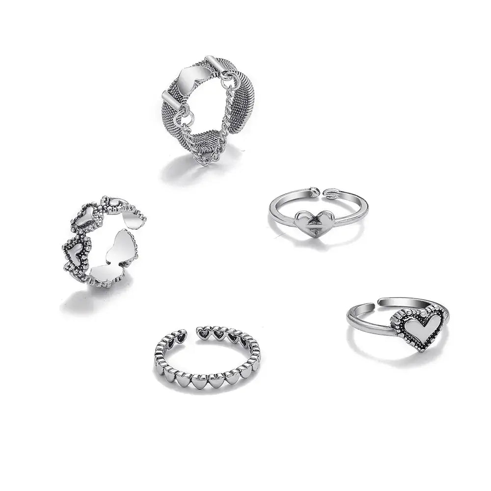 Y2k heart set rings with chains for trendy streetwear