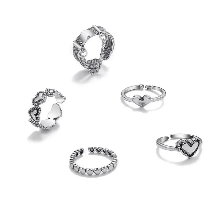 Y2k heart set rings with chains for trendy streetwear