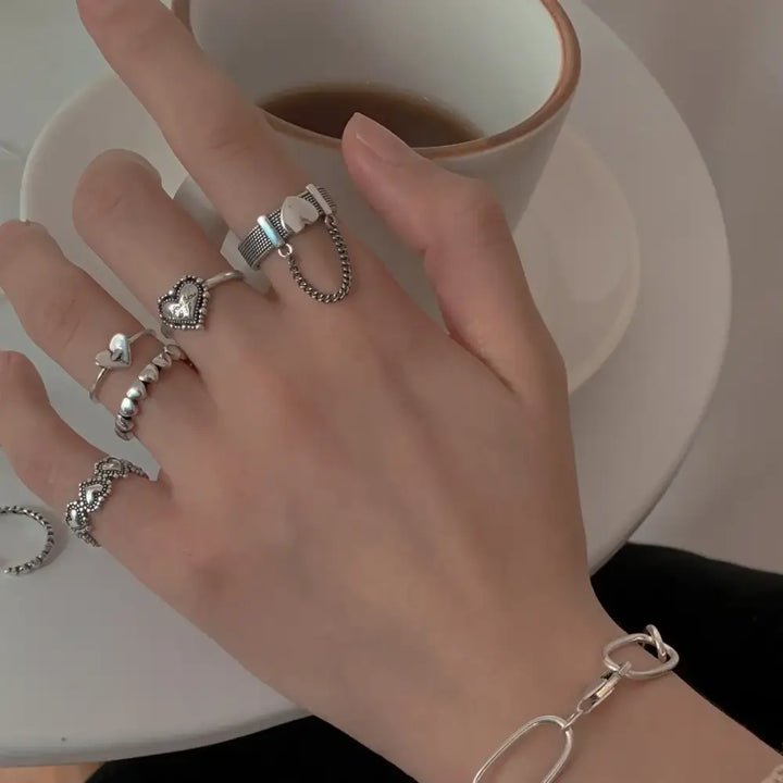 Y2k heart set rings with chains for trendy streetwear