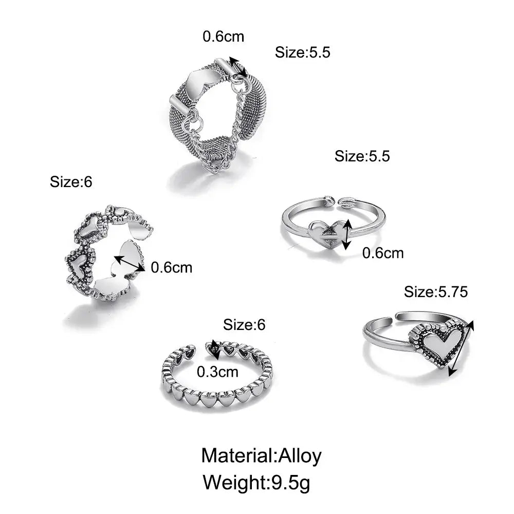 Y2k heart set rings with chains for trendy streetwear