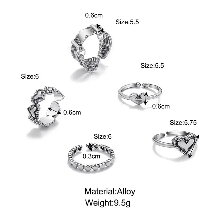 Y2k heart set rings with chains for trendy streetwear