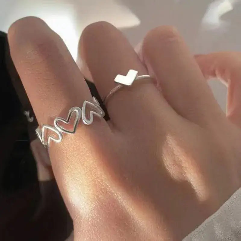 Y2k heart set rings with chains for trendy streetwear - style2