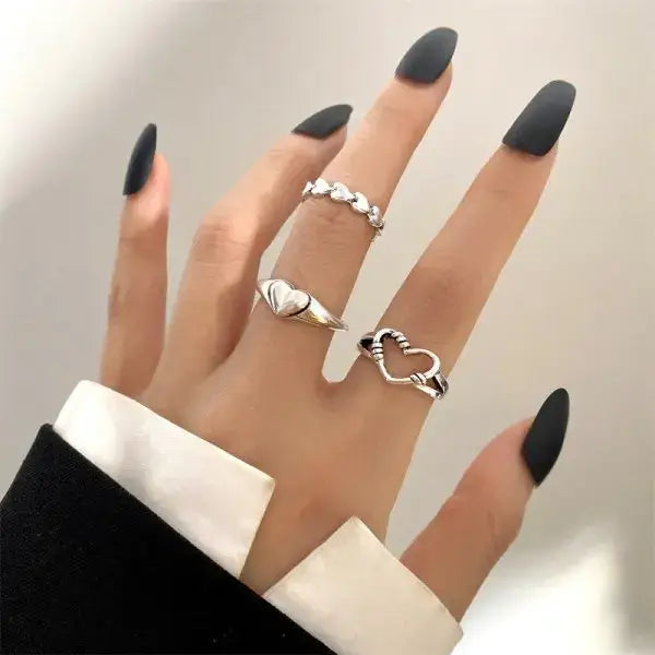 Y2k heart set rings with chains for trendy streetwear - style3