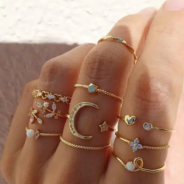 Y2k heart set rings with chains for trendy streetwear - style7