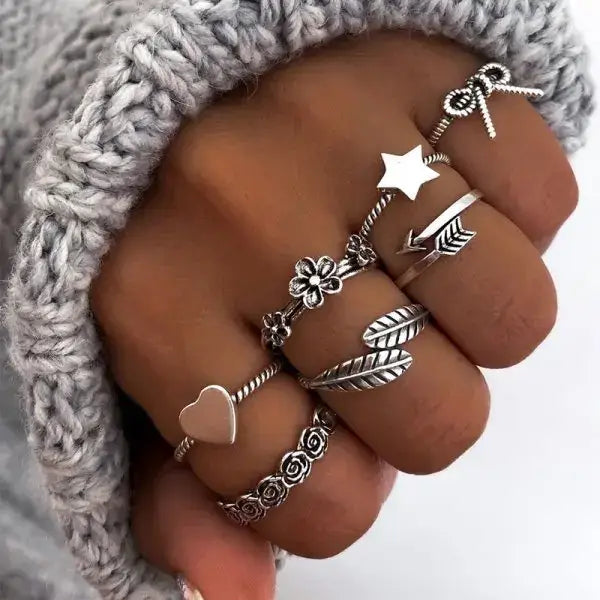 Y2k heart set rings with chains for trendy streetwear - style8