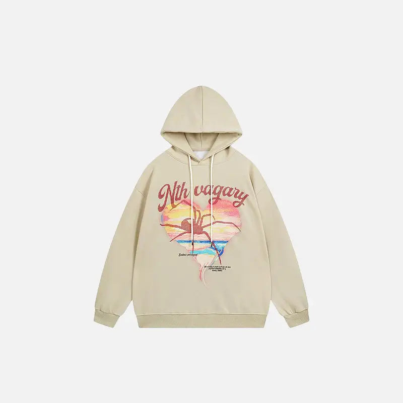 Heart shaped spider web graphic hoodie from y2k streetwear collection - beige / m - hoodies