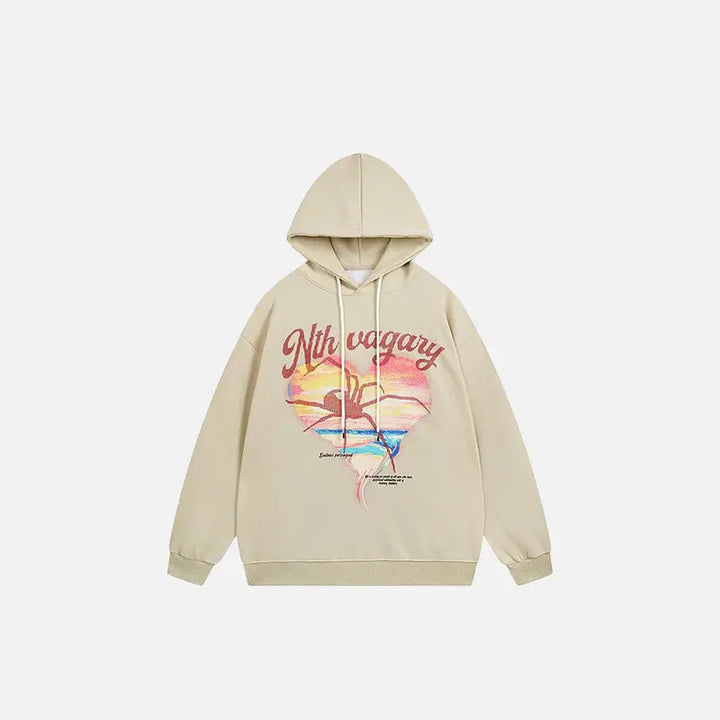 Heart shaped spider web graphic hoodie from y2k streetwear collection - beige / m - hoodies