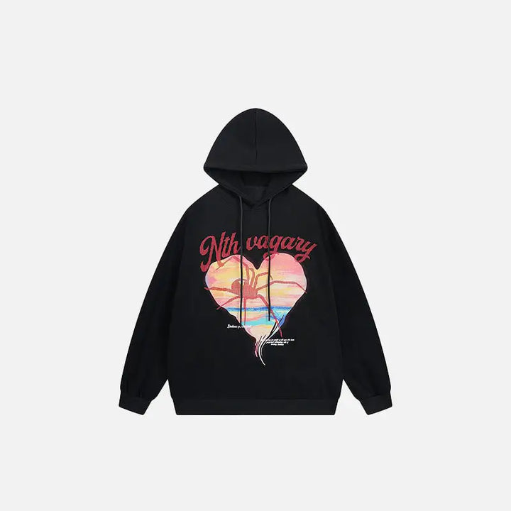 Heart shaped spider web graphic hoodie from y2k streetwear collection - black / m - hoodies