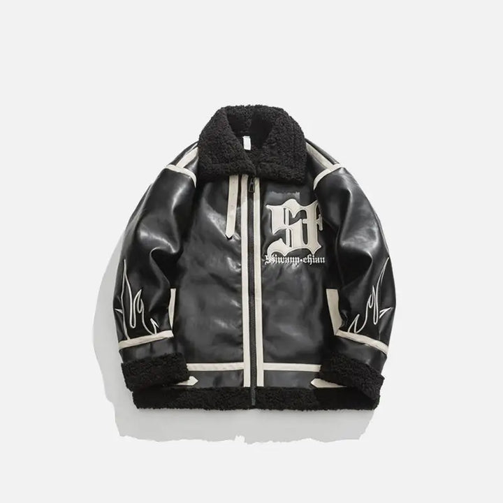 Heated leather and fur jacket from the y2k streetwear collection - black / m