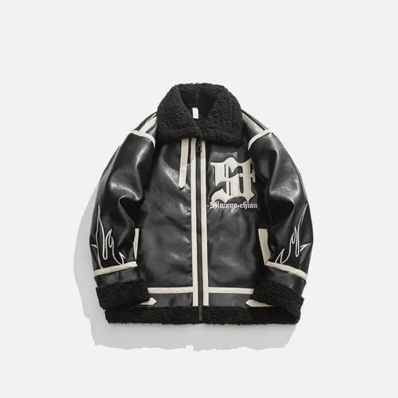 Heated leather and fur jacket from the y2k streetwear collection - black / m