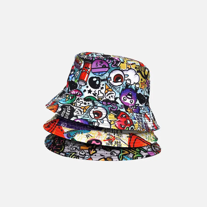 Y2k cartoon pattern hip hop bucket hat in polyester and cotton - hats