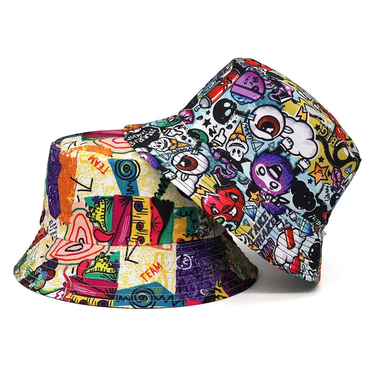 Y2k cartoon pattern hip hop bucket hat in polyester and cotton - hats