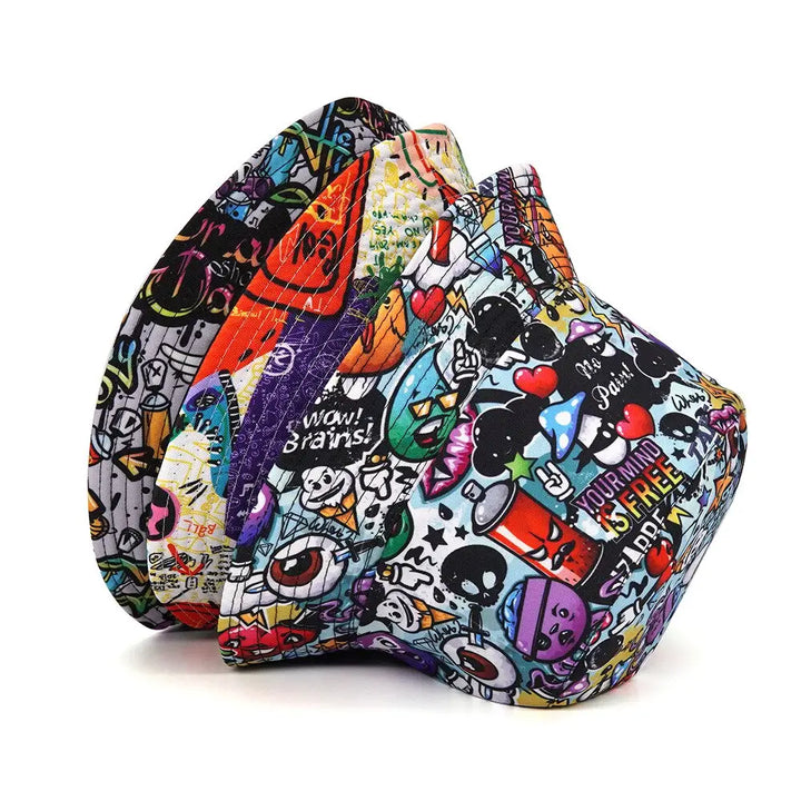 Y2k cartoon pattern hip hop bucket hat in polyester and cotton - hats