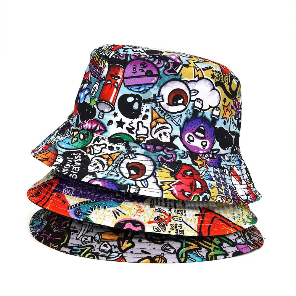 Y2k cartoon pattern hip hop bucket hat in polyester and cotton - hats