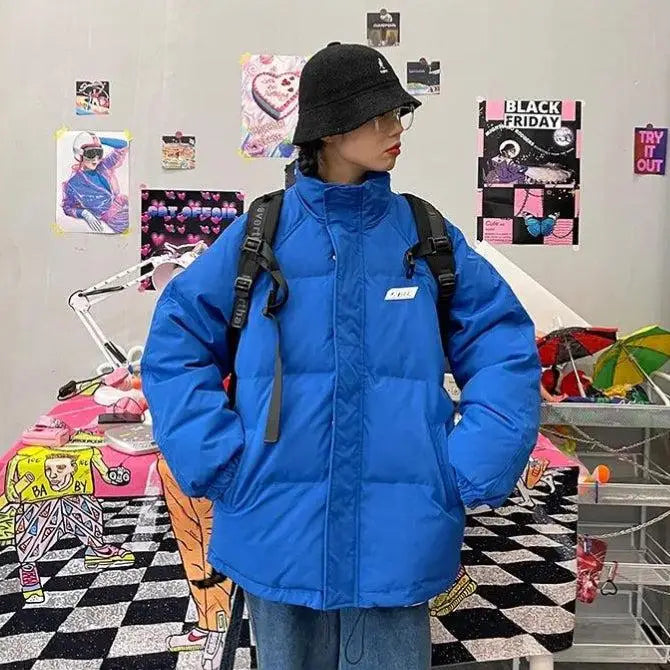 Y2k-inspired high-neck puffer with button fastening and twin pockets - blue / s - jacket