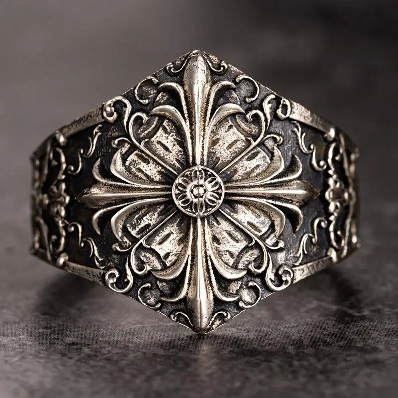 Iris silver carved flower ring for a luxurious style statement - rings