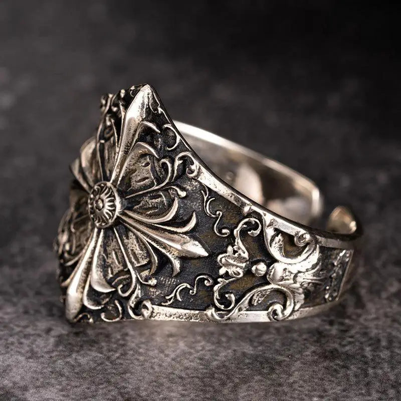 Iris silver carved flower ring for a luxurious style statement - rings