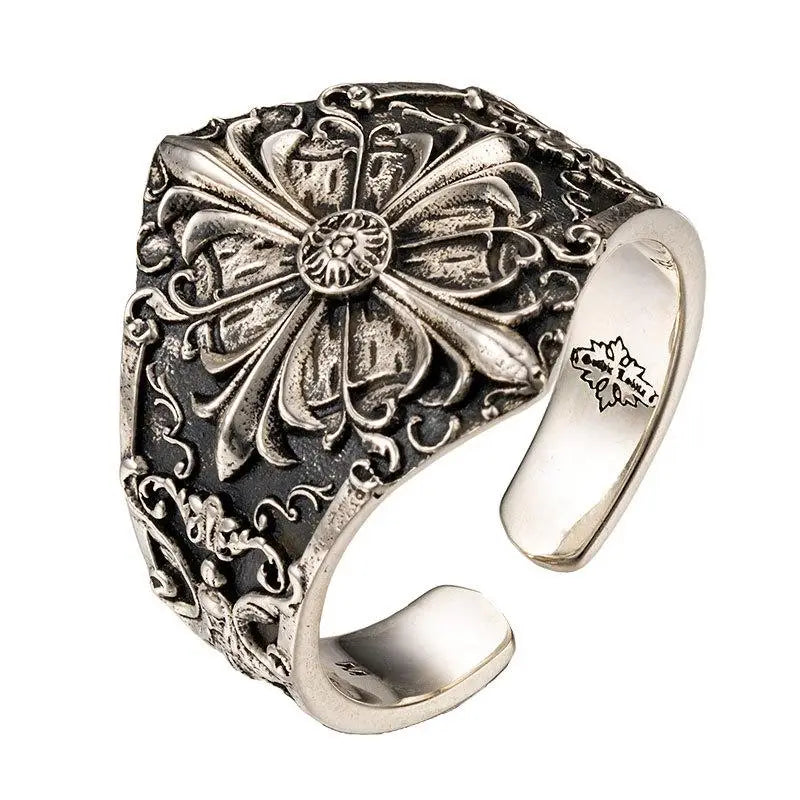 Iris silver carved flower ring for a luxurious style statement - s 54-56 mm - rings