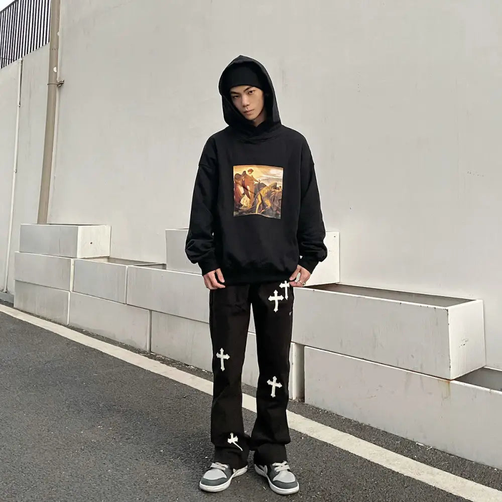 Men’s y2k jeans with a cross for unique streetwear style