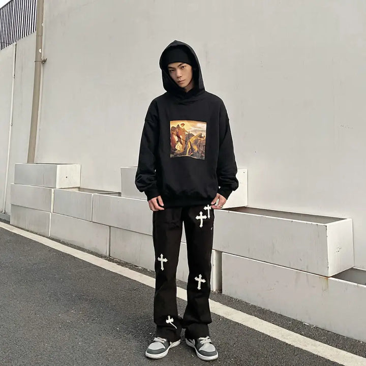 Men’s y2k jeans with a cross for unique streetwear style