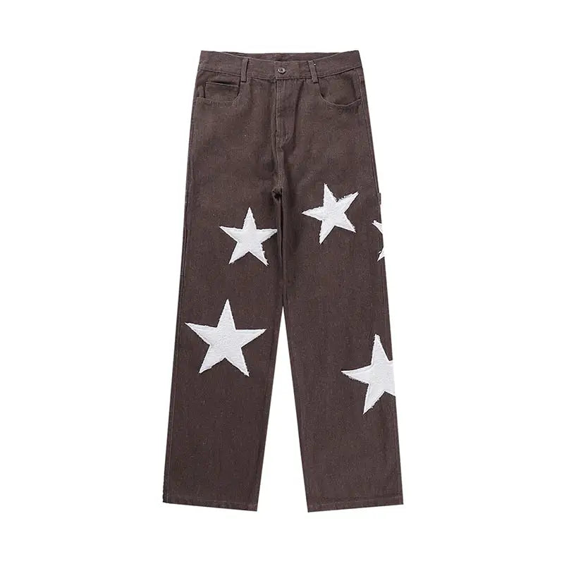 Y2k star print jeans - bold streetwear style - brown / s