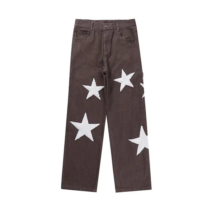 Y2k star print jeans - bold streetwear style - brown / s