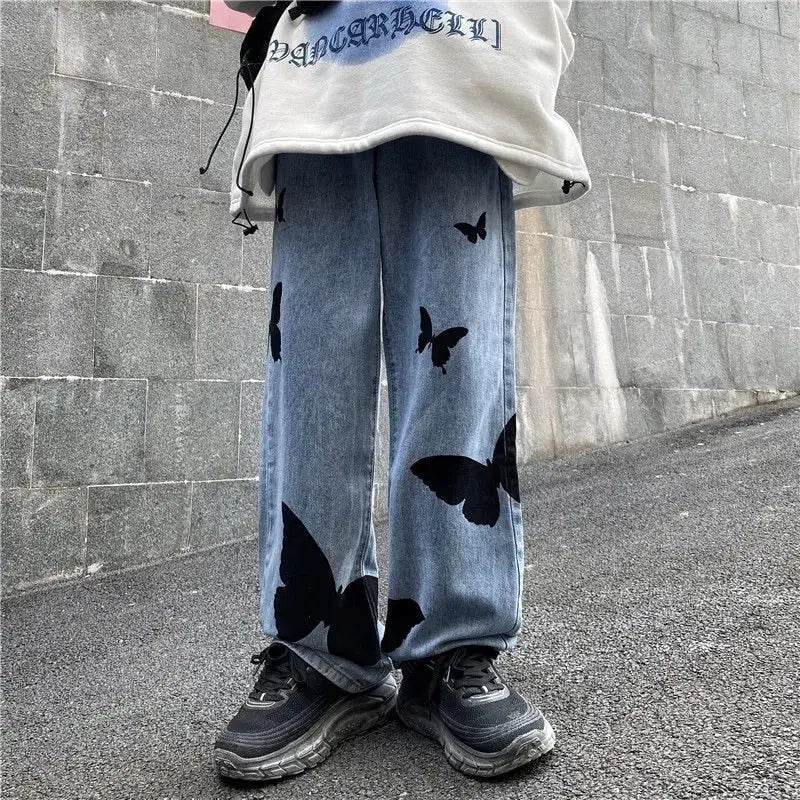 Y2k butterfly jeans - unisex streetwear style - s