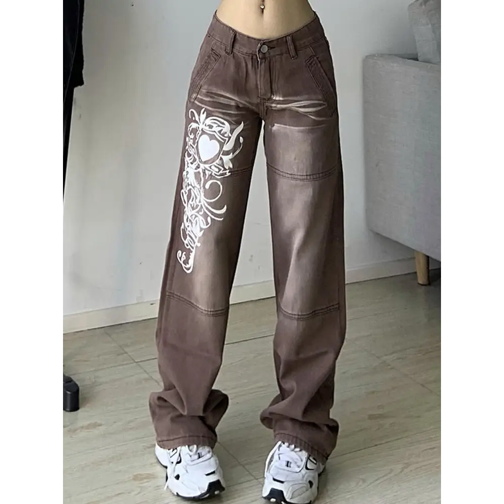 Low-rise y2k jeans with heart patterns - brown / s
