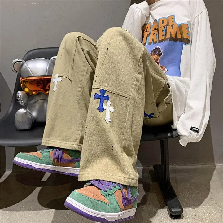 Y2k custom jeans with cross - retro and modern streetwear - beige / s