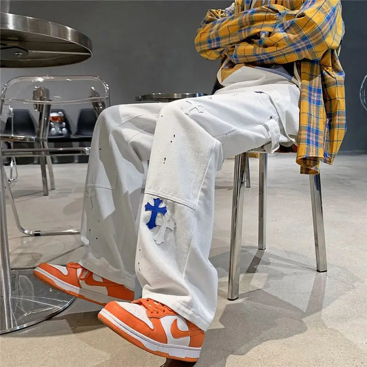Y2k custom jeans with cross - retro and modern streetwear - white / s