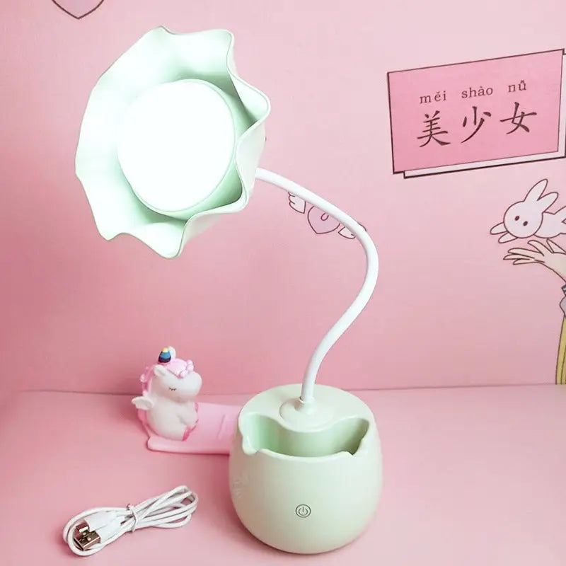 Kawaii girl desk lamp with touch control and pen holder - green