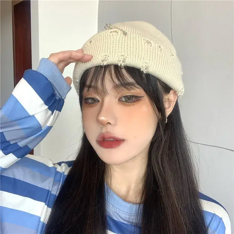 Y2k knitted ripped pierced hat in vibrant colors - beanies