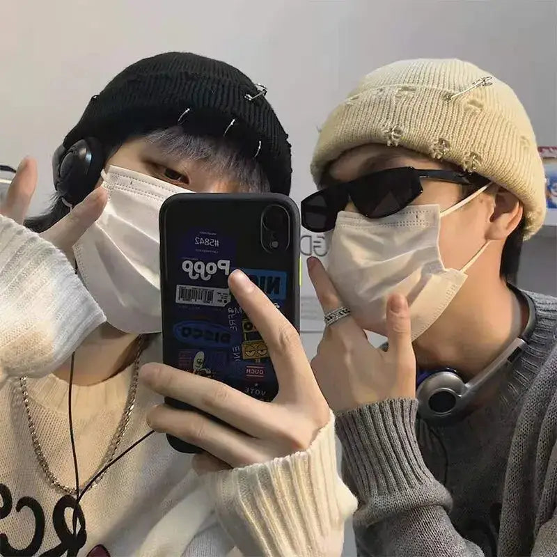 Y2k knitted ripped pierced hat in vibrant colors - beanies